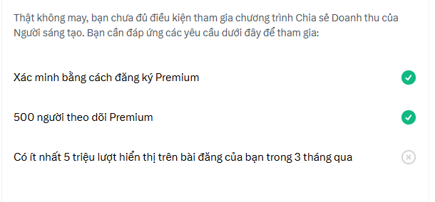 A screenshot shows a notification in Vietnamese stating the user does not yet meet requirements for the Creator Revenue Sharing program, with checkmarks next to "Xác minh bằng cách đăng ký Premium" and "500 người theo dõi Premium," while an X mark appears next to "Có ít nhất 5 triệu lượt hiển thị trên bài đăng của bạn trong 3 tháng qua." The image illustrates the platform's AI-driven eligibility check the post warns about, as the creator expresses frustration over being locked out of monetization and cautions others about wasting time on appeals.