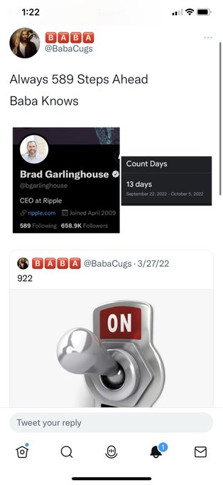 A Twitter screenshot from @BabaCugs captioned 'Always 589 Steps Ahead Baba Knows', tagging Brad Garlinghouse (@bgarlinghouse, CEO at Ripple), with a previous tweet showing the number '922' and a switch being turned ON.