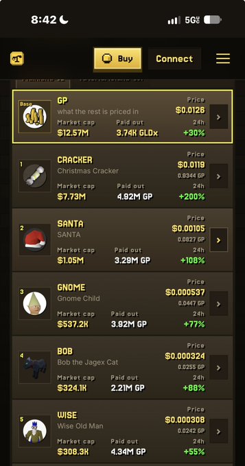 Mobile screenshot of a cryptocurrency trading interface (BUY) showing meme coin listings with prices including GP ($0.0126), CRACKER ($0.0119), SANTA ($0.00105), GNOME ($0.000537), BOB ($0.000324), and WISE ($0.000308).