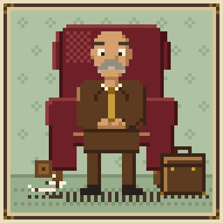 Pixel art illustration of an older man with a mustache sitting in a red armchair with a briefcase and mug nearby.