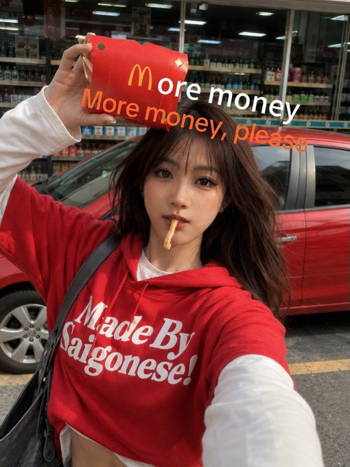 A young woman wearing a red "Made By Saigoneses!" hoodie is taking a selfie while holding a red McDonald's fry carton on her head, with overlaid text reading "More money, More money, please." The image playfully captures her longing to escape McDonald's work, humorously tying into the post about discovering NeoTrade as a way to leave her fast-food job.