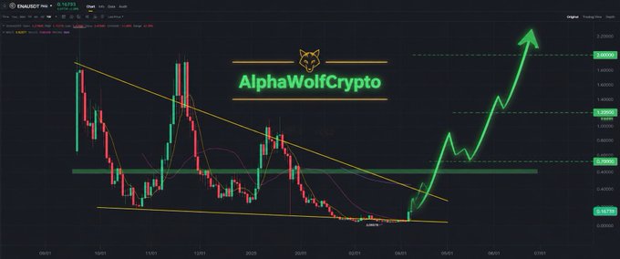 A daily candlestick chart of ENAUSDT (Ethena) on Binance shows price action breaking out of a descending wedge pattern, with technical analysis overlaid including support/resistance levels at $0.0942, $0.1075, $0.1360, and $0.1695, and moving averages (MA 7, MA 25, MA 99). The "AlphaWolfCrypto" branded analysis features a green arrow projecting a bullish breakout toward $1+, visually reinforcing the post's call for $ENA to surge after breaking the $0.17 resistance.
