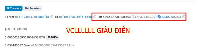 An Etherscan transfer record showing a transaction of 479,527,736.236404 USDC (USDC) between addresses, labeled with the Vietnamese text 'VCLLLLLL GIÀU ĐIÊN'.