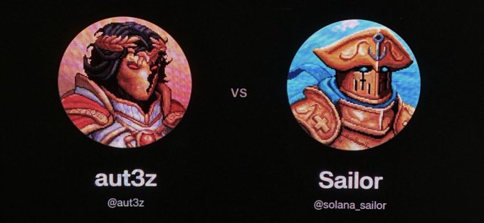 The image shows a competitive matchup display between two players: "aut3z" (@aut3z) on the left and "Sailor" (@solana_sailor) on the right, separated by "VS" text, indicating a rematch as suggested by the post's "Let's run it back" message.