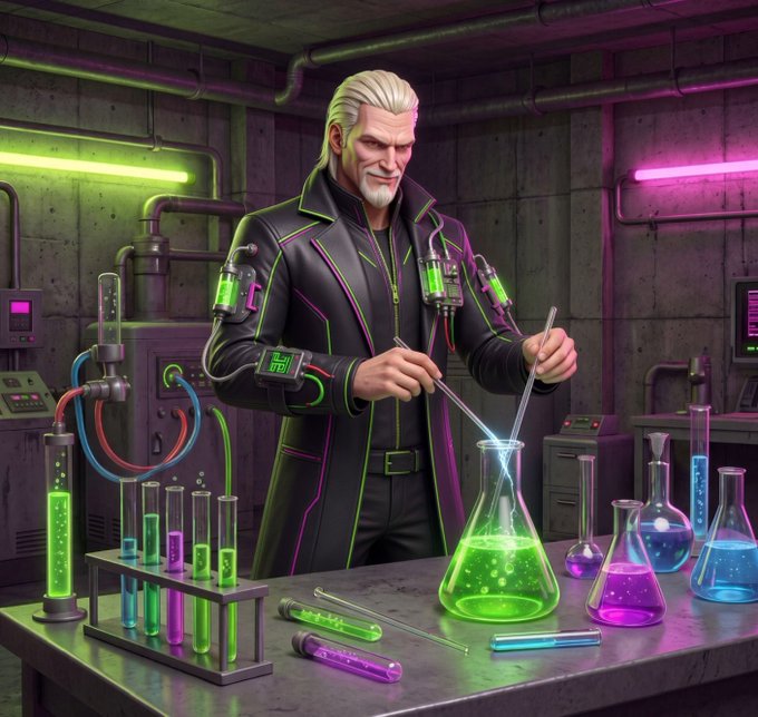 A digital artwork depicts a white-haired man in a black and green coat working in a neon-lit laboratory with glowing green and purple chemicals and futuristic equipment.