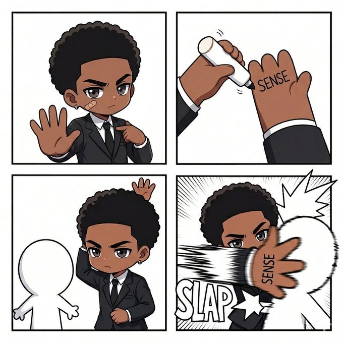 A four-panel comic featuring a chibi character in a suit who stamps 'SENSE' on their hand and slaps a stick figure with a 'SLAP' sound effect.