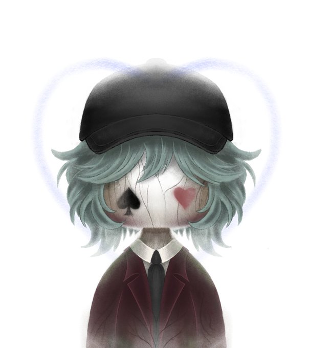 An illustrated chibi-style character with teal hair, a black cap, a maroon blazer and tie, and a stitched face featuring an ace of spades and a red heart, surrounded by a faint blue heart outline.