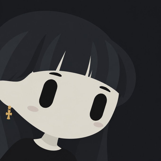 A minimalist digital illustration of a stylized girl character with a large head, big black eyes, dark hair with bangs, pale skin with pink blush, and a small gold cross earring, set against a black background. The cute, emoticon-like avatar style matches the "grilbot" theme, serving as a profile-like image for a girl-themed bot or persona.