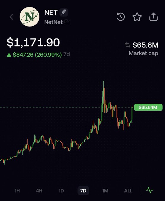 A cryptocurrency price chart for NetNet (NET) showing a current price of $1,171.90 with a 260.99% increase ($847.26) over 7 days and a market cap of $65.6M.