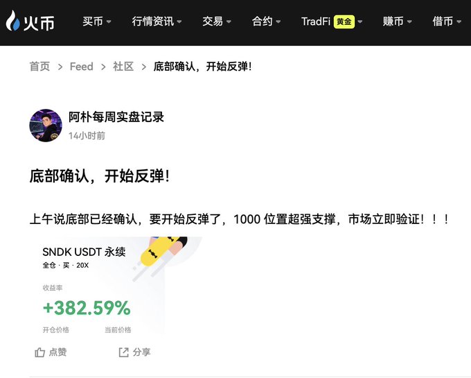 A Chinese-language crypto trading social feed showing a user '阿朴每周实盘记录' claiming '底部确认，开始反弹！' with a SNDK USDT perpetual trade showing +382.59% return.