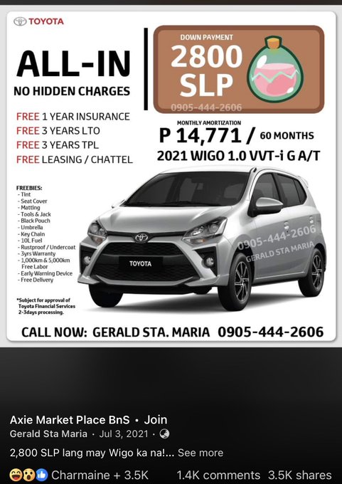 A Toyota car promotion ad for a 2021 Wigo 1.0 VVT-i G A/T with a down payment of 2,800 SLP and monthly amortization of ₱14,771, posted by Gerald Sta Maria.