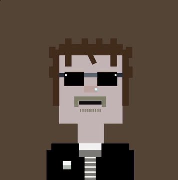 A pixel art style portrait of a man with brown hair, sunglasses, and a black jacket with a white badge, set against a brown background.