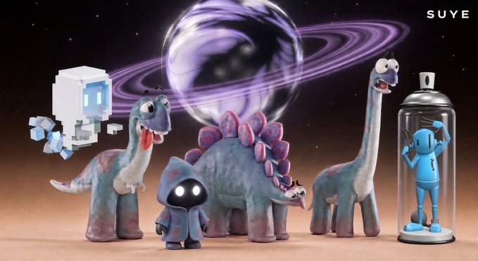 A digital illustration featuring cartoon dinosaurs, a small white robot, a hooded figure, and a blue robot in a glass container against a space background with a black hole, signed 'SUYE'.
