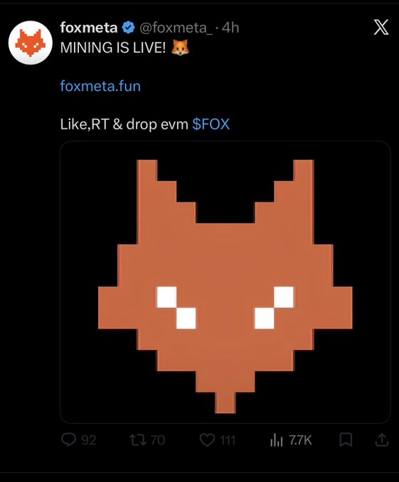 A tweet from verified account @foxmeta announcing 'MINING IS LIVE!' with a pixel art fox logo, link to foxmeta.fun, and engagement metrics of 92 comments, 70 retweets, 111 likes, and 7.7K views.