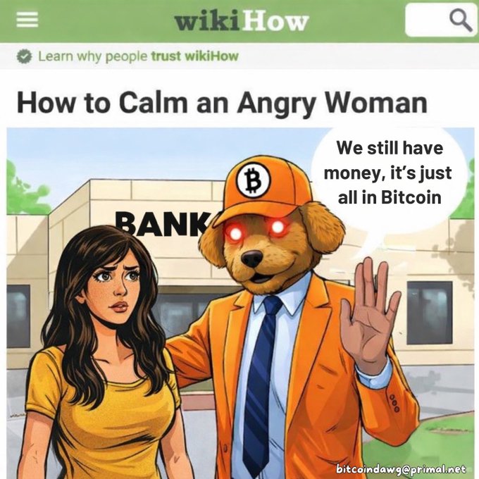 A wikiHow-style meme titled 'How to Calm an Angry Woman' depicting a worried woman outside a bank alongside a Bitcoin dog mascot saying 'We still have money, it's just all in Bitcoin.'