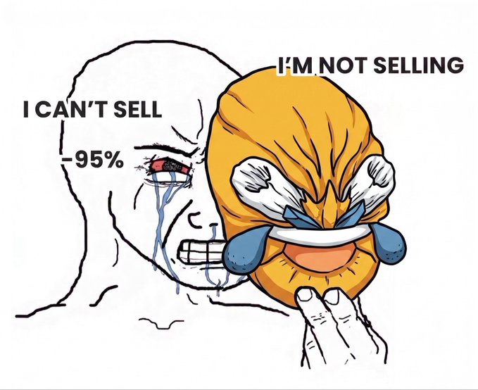 A Wojak-style meme showing a crying face with the text "I CAN'T SELL" and "-95%" next to it, alongside a yellow bird-like character squeezing its eyes shut with the text "I'M NOT SELLING".