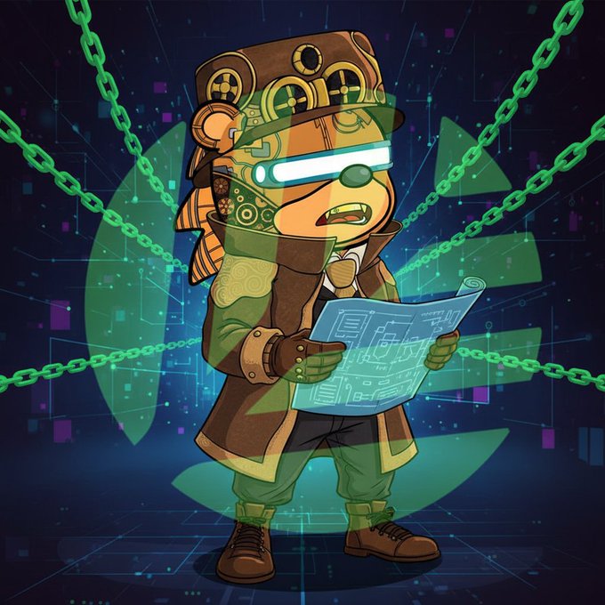 A cartoon illustration of a bear-like character wearing steampunk goggles and a top hat, holding blueprints, surrounded by green chains against a digital background.