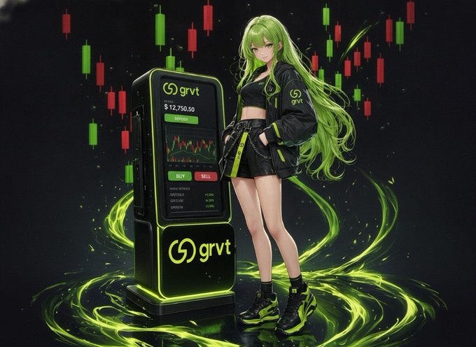The image features an anime girl with long green hair standing next to a trading machine that has neon green and yellow elements, likely representing GrVT currency symbols. She appears to be posing for a photo or drawing based on her position relative to this machine. The post below the image states that the user's assets are kept in their own wallet while they enjoy fast trading experiences with GrVT's unique features.