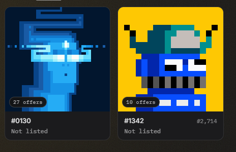 Two pixel art NFT profile pictures are displayed: a blue character (#0130) with '27 OFFERS' and a yellow robot (#1342) with '10 OFFERS', both marked as 'Not listed'.