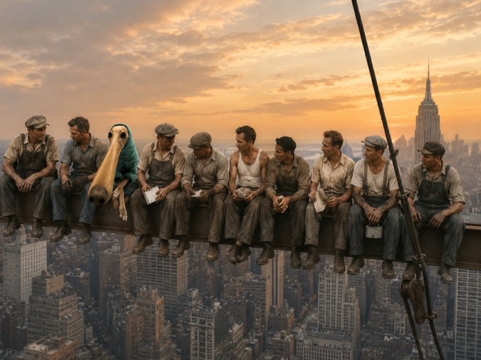 Eleven construction workers in workwear sit casually on a steel beam high above New York City at sunset, with the Empire State Building visible in the distance. The image evokes the timeless phrase "Always working," as these laborers take a rare, quiet moment to rest and chat while perched above the bustling cityscape.