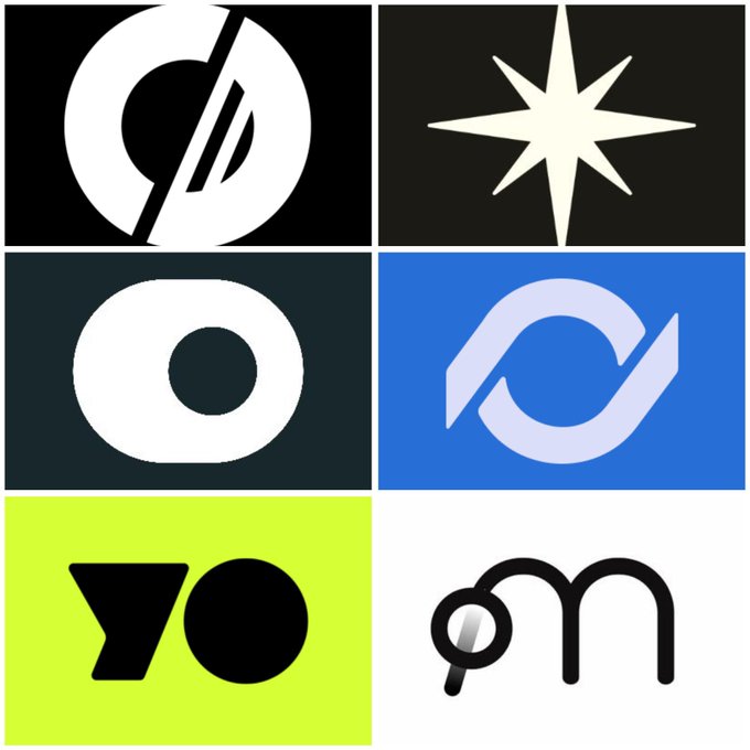 A grid of six distinct graphic logos in black, white, blue, and neon yellow, featuring shapes like circles, slashes, an eight-point star, interlocking rings, a funnel, and a magnifying glass over an 'm'.