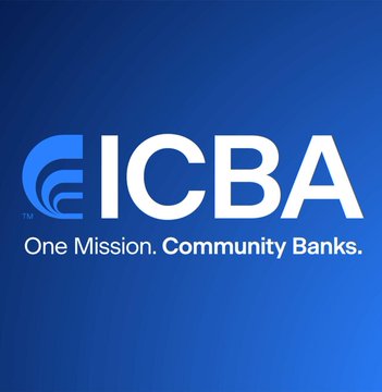 The image displays the ICBA (Independent Community Bankers of America) logo on a blue background with the tagline "One Mission. Community Banks." The logo relates to the accompanying post about ICBA's lawsuit against the OCC over national trust bank charters for crypto firms, as the organization represents community banks concerned that these charters bypass traditional banking safeguards.