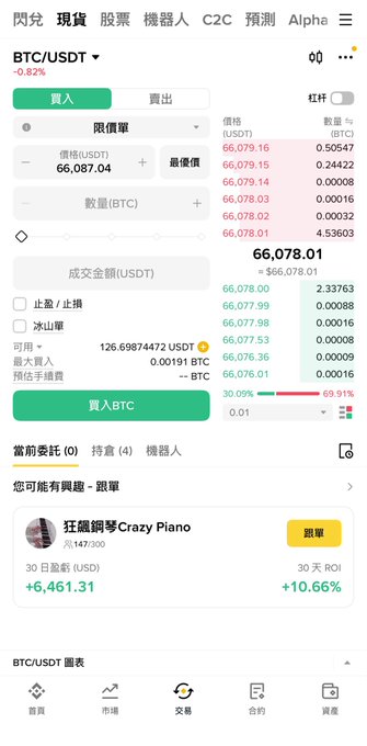 A screenshot of the Binance mobile app showing the BTC/USDT spot trading interface with a current price of 66,078.01 USDT, a trade history, and a "Crazy Piano" trader profile showing a 30-day ROI of +10.66% and 30-day profit of +6,461.31 USDT. The image illustrates the first step of the tutorial, demonstrating how to access a spot trading pair to begin the process of enabling BNB fee discounts.