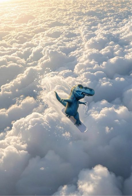 A blue T-Rex surfs on a board above fluffy white clouds during golden hour, creating a surreal and whimsical scene that plays into the playful "GM $fefer" post—evoking the "gm" (good morning) crypto greeting with a fantastical, meme-worthy twist.