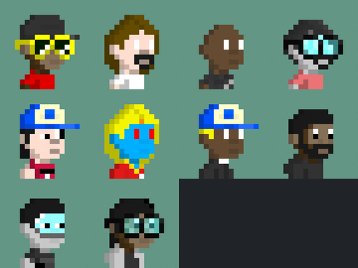 Grid of pixel art character avatars/sprites showing various stylized figures with different hair colors, hats, glasses, and facial features in 8-bit art style.
