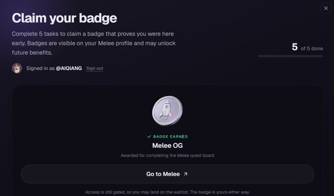 A 'Claim your badge' screen showing the 'Melee OG' badge earned for completing the quest board, signed in as @AIQIANG with 5 of 5 tasks completed.