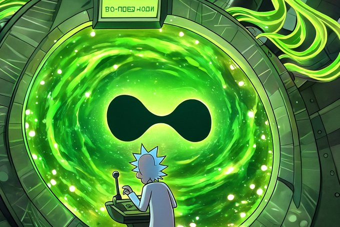 A cartoon character with spiky blue hair stands before a glowing green portal marked with an infinity symbol and a "GO-PORTAL HODL" sign, referencing a humorous take on the promotional post's call to "get into the portal" and hype around Hyperliquid as the "Future of Finance." The infinity symbol and portal imagery playfully reinforce the post's theme of endless financial yield awaiting on the other side.
