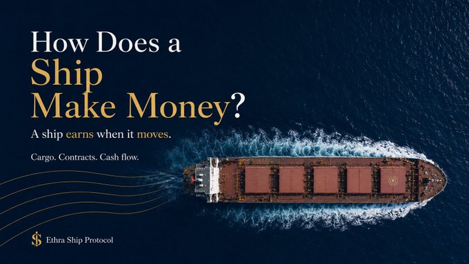 An aerial view of a cargo ship sailing on the ocean is featured alongside the text 'How Does a Ship Make Money? A ship earns when it moves. Cargo. Contracts. Cash flow.' with the 'Ethra Ship Protocol' logo in the bottom left.