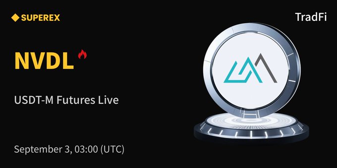 SuperEx announces the listing of NVDL USDT-M Futures, with the promotional graphic highlighting the September 3, 03:00 UTC launch date alongside the SuperEx TradFi branding and NVDL ticker.
