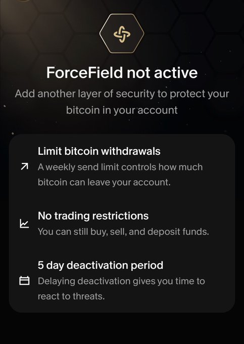 A mobile app screen displays a "ForceField not active" warning, promoting an additional security layer for bitcoin with features like weekly withdrawal limits, no trading restrictions, and a 5-day deactivation period. The image relates to the post by highlighting alternative custody solutions, emphasizing enhanced account protection measures beyond standard security features.