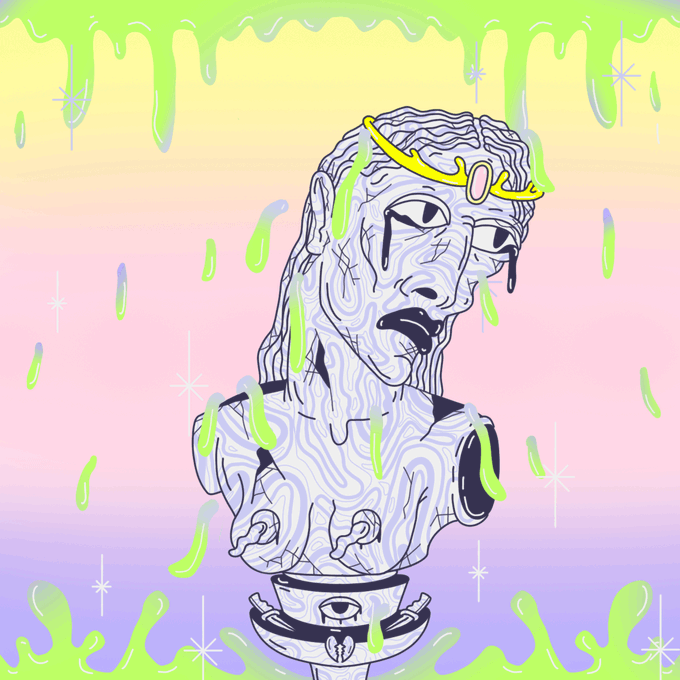 An illustrated bust of a crying classical statue wearing a small yellow crown is surrounded by dripping neon green slime against a pastel rainbow background with sparkles.