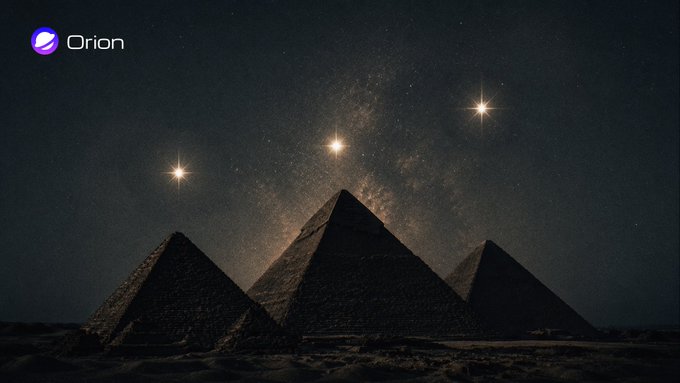 A night sky featuring the Milky Way galaxy aligns with the Pyramids of Giza, evoking ancient monuments and lasting impact, while the "Orion" logo appears in the top left corner—mirroring the post's theme of civilizations leaving enduring legacies as Orion builds momentum on BNBChain.