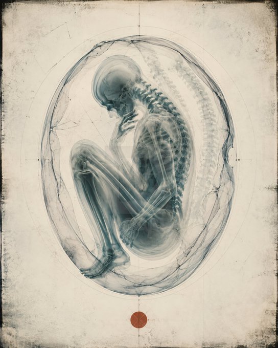 The image depicts a skeletal figure within a fetus-like outline. The caption could reflect the juxtaposition of human anatomy with a message of deception: "Unveiling Truth: Skeletal Repercussions of Deception". This relates to the accompanying message, which employs a complex cipher that could be interpreted as a calling out or a coded warning. The stark representation of the skeletal figure might symbolize the harsh, revealing truth behind deceitful actions, aligning with the theme of uncovering hidden realities suggested by the cryptic message.