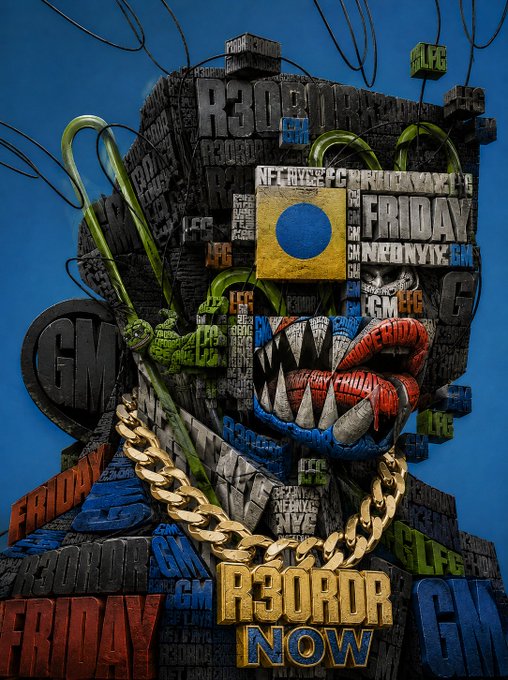 A vibrant digital artwork depicting a figure composed of text and graphic elements including 'R3CORD', 'LFG', 'FRIDAY', and 'GM', featuring a mouth with sharp teeth, a gold chain, and a safety pin.