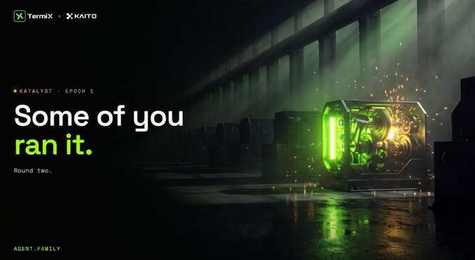 A dark promotional graphic for 'KATALYST - EPOCH 1' featuring a glowing green mechanical object, with text reading 'Some of you ran it. Round two.'