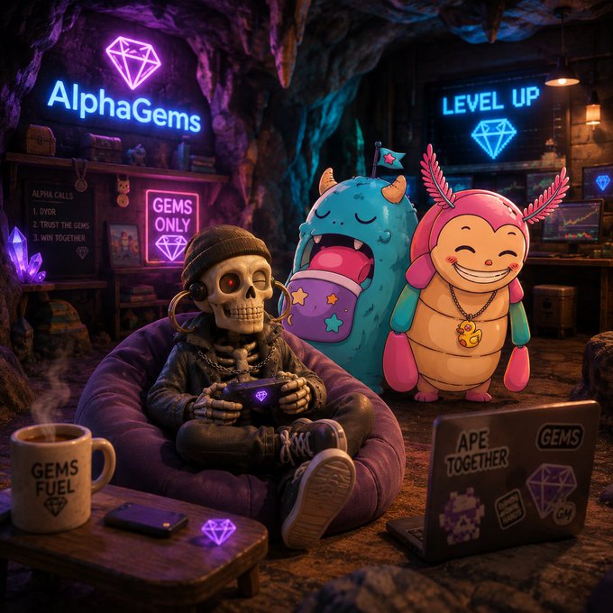 A skeleton gamer sits in a bean bag chair playing on a handheld console in a neon-lit cave, accompanied by colorful monster mascots. Visible signs read "AlphaGems," "LEVEL UP," "GEMS ONLY," "GEMS FUEL," and "APE TOGETHER," with a laptop displaying gem-themed stickers.