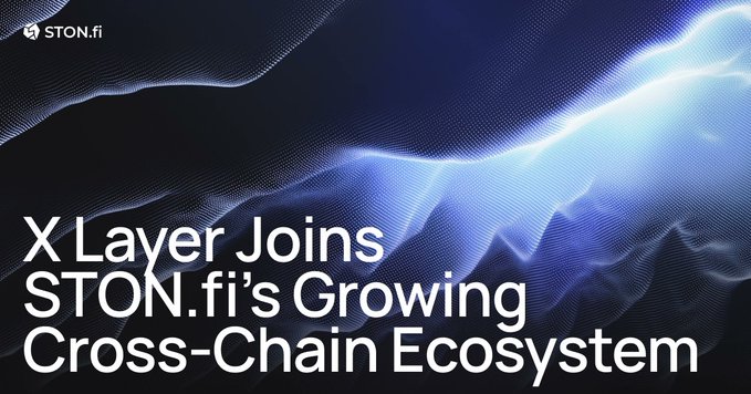 The image is a promotional graphic with the STON.fi logo in the top-left corner and bold white text reading "X Layer Joins STON.fi's Growing Cross-Chain Ecosystem" against an abstract blue wave-like background, visually announcing the integration mentioned in the post.