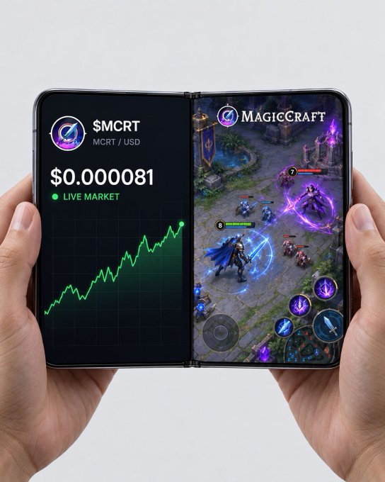 A foldable smartphone displaying the MagicCraft ($MCRT) cryptocurrency trading at $0.000081 on the left screen showing an upward trending chart, while the right screen displays gameplay of the MagicCraft MOBA game.