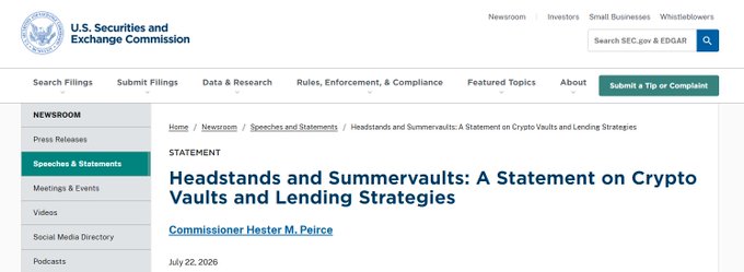 The image shows an SEC webpage featuring Commissioner Hester M. Peirce's statement titled "Headstands and Summervaults: A Statement on Crypto Vaults and Lending Strategies" dated July 22, 2026, which aligns with the post's warning that DeFi vaults and lending protocols may fall under U.S. securities laws despite being on blockchain.