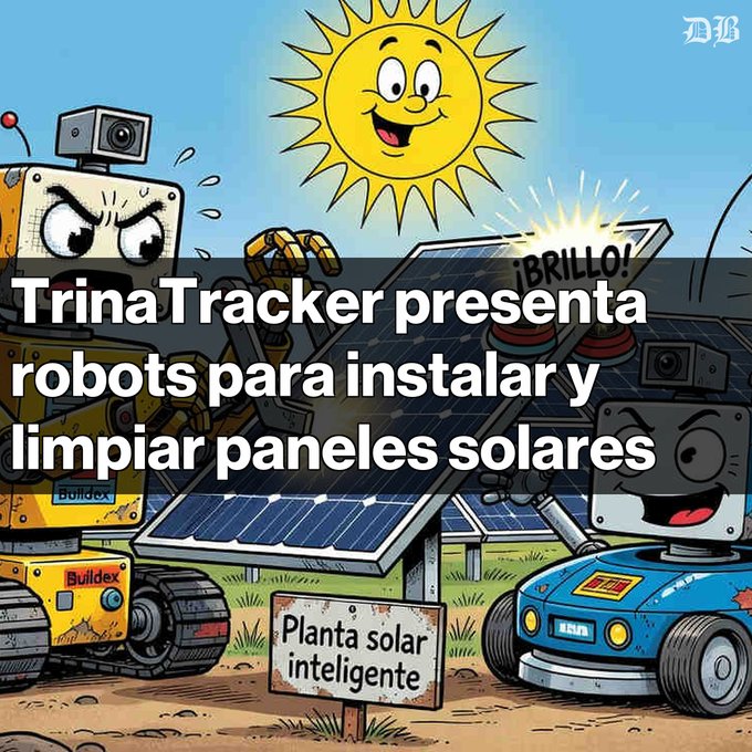 A cartoon illustration of robots working on solar panels with the text 'TrinaTracker presenta robots para instalar y limpiar paneles solares'.