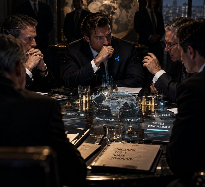 A holographic globe anchors a dimly lit boardroom where executives in dark suits—visibly displaying a Ripple (XRP) lapel pin on the central figure—huddle around a glowing tabletop labeled "TOKENIZATION," "GLOBAL MARKETS," "SETTLEMENT," "DIGITAL ASSETS," and "THE NEXT FINANCIAL SYSTEM," with a nearby dossier reading "DECISIONS TODAY SHAPE TOMORROW."

The image visually reinforces the post's claim by depicting a high-stakes meeting where Ripple Prime sits alongside BlackRock, J.P. Morgan, and Goldman Sachs as DTCC's tokenization initiative takes shape.