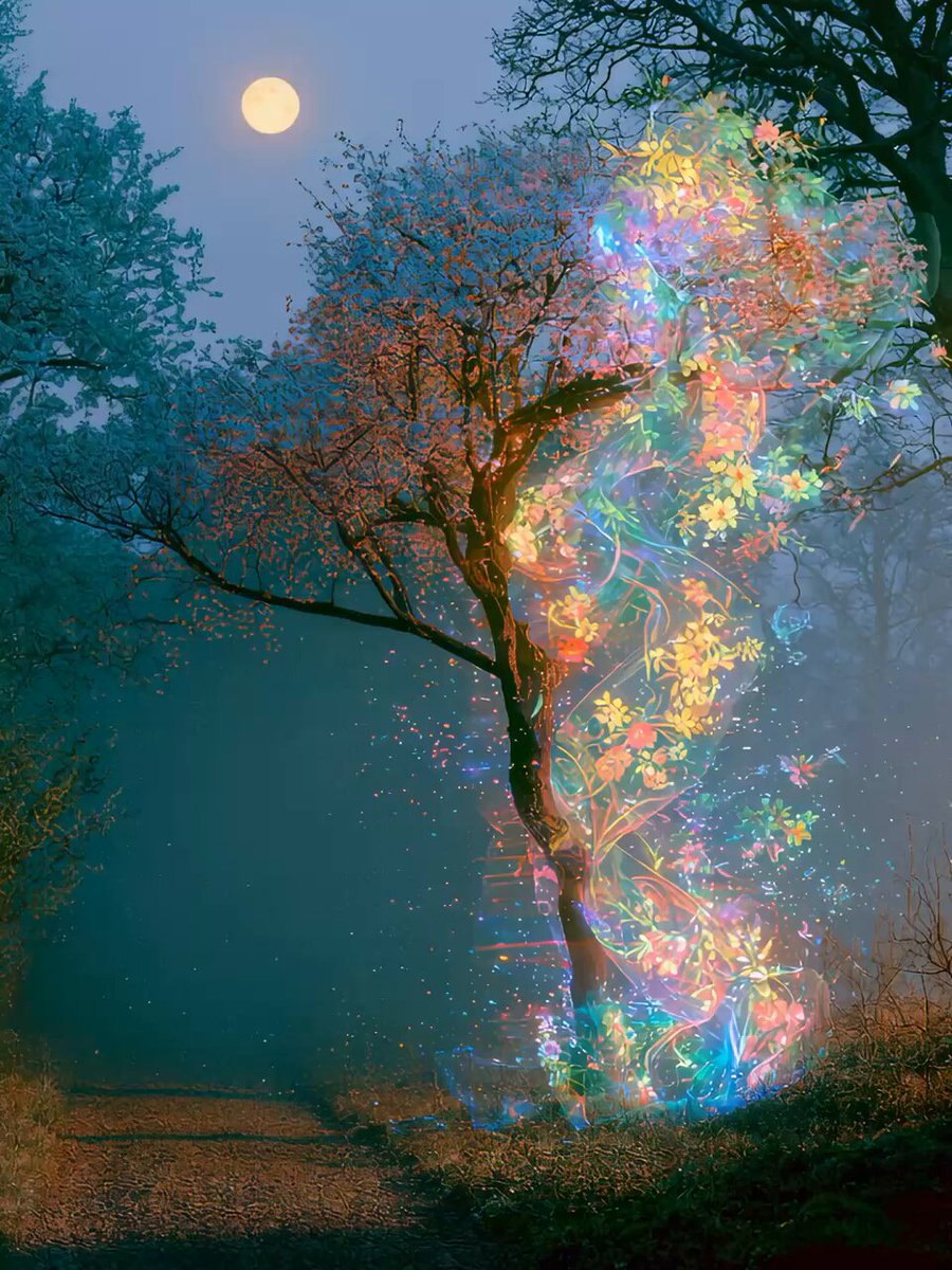 The image features a tree with colorful lights coming out of its trunk, creating an ethereal glow that resembles a flower or a moonlit night sky. The photo has been edited to give it a surreal appearance, making it appear as if the tree is glowing in the dark. The caption "“Flower Moon” available for 0.11 eth reserve" suggests that this image might be part of an art project or a creative project aimed at evoking emotions and sparking imagination through the use of color and light effects.