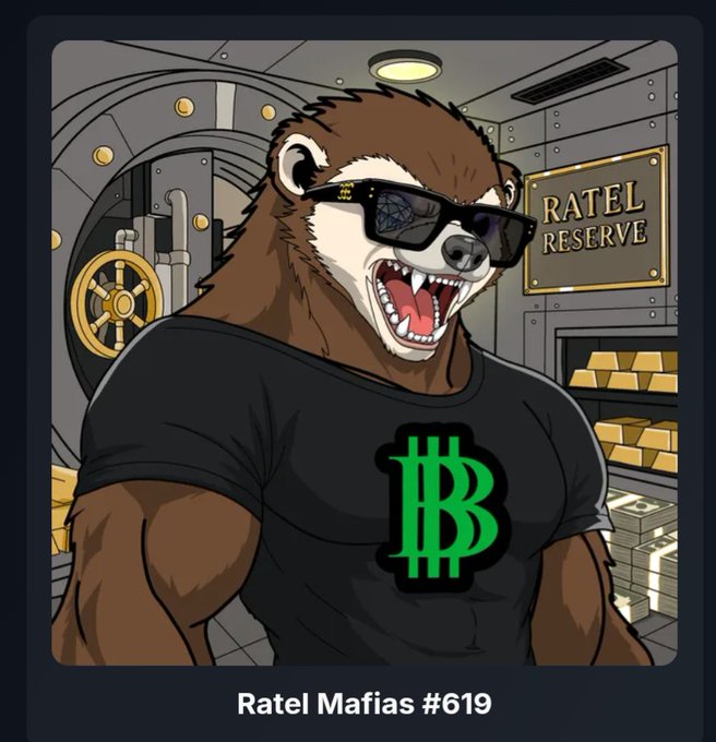 An illustration of a muscular honey badger wearing sunglasses and a black t-shirt with a green Bitcoin logo, standing in front of a vault labeled 'RATEL RESERVE' filled with gold bars, with the caption 'Ratel Mafias #619'.