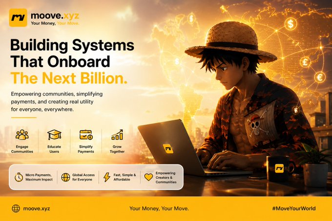 The image features a man sitting at a desk using a laptop computer with a straw hat on his head. The background shows an orange sky, which complements the yellow text that reads "Building Systems That Onboard The Next Billion". The image also includes various icons related to money and technology, such as a dollar sign and a computer mouse.