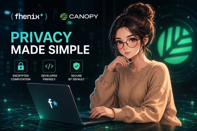 Promotional graphic for 'fenix' and Canopy collaboration titled 'PRIVACY MADE SIMPLE,' featuring an illustrated woman with a laptop and icons for encrypted computation, developer-friendly, and secure by default.