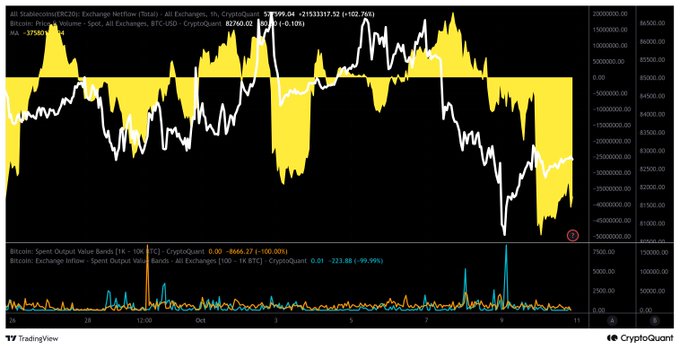 The image displays a CryptoQuant chart of Bitcoin's net flows on spot exchanges, showing stablecoin inflows (~$3.95M) and BTC-USD netflows (-$2,133,337.32, down 80.79%), with a recent spike in spent output value bands (8.67K BTC) on October 8th that aligns with the post's observation of $BTC's decline and the ongoing stablecoin net outflow trend—indicating that a market reversal has not yet begun since inflows have not resumed.